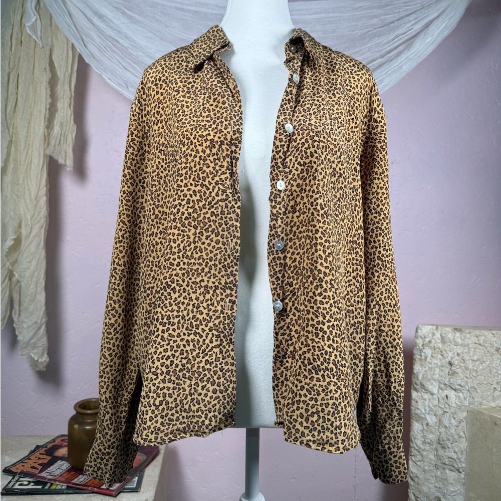 Silk leopard print button down shirt boxy vintage style oversized animal print